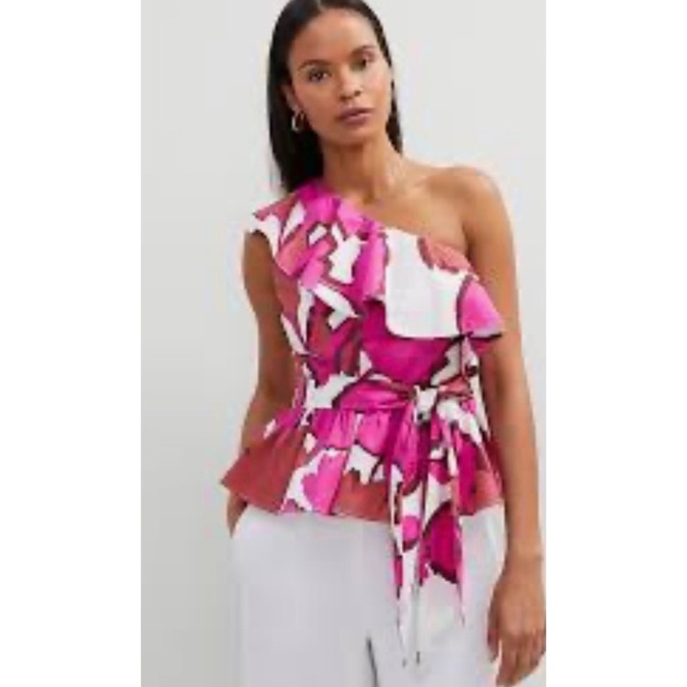 Ann Taylor One Shoulder Floral Peplum Top Magenta Pink Ruffle Belted Small